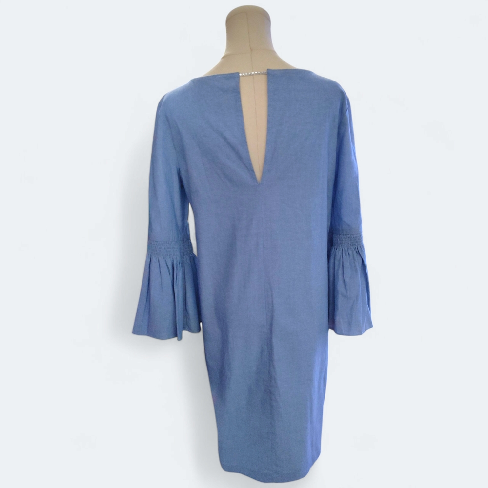 Aqua Gray Sheath Dress with Bell Sleeves - Picture 5 of 8
